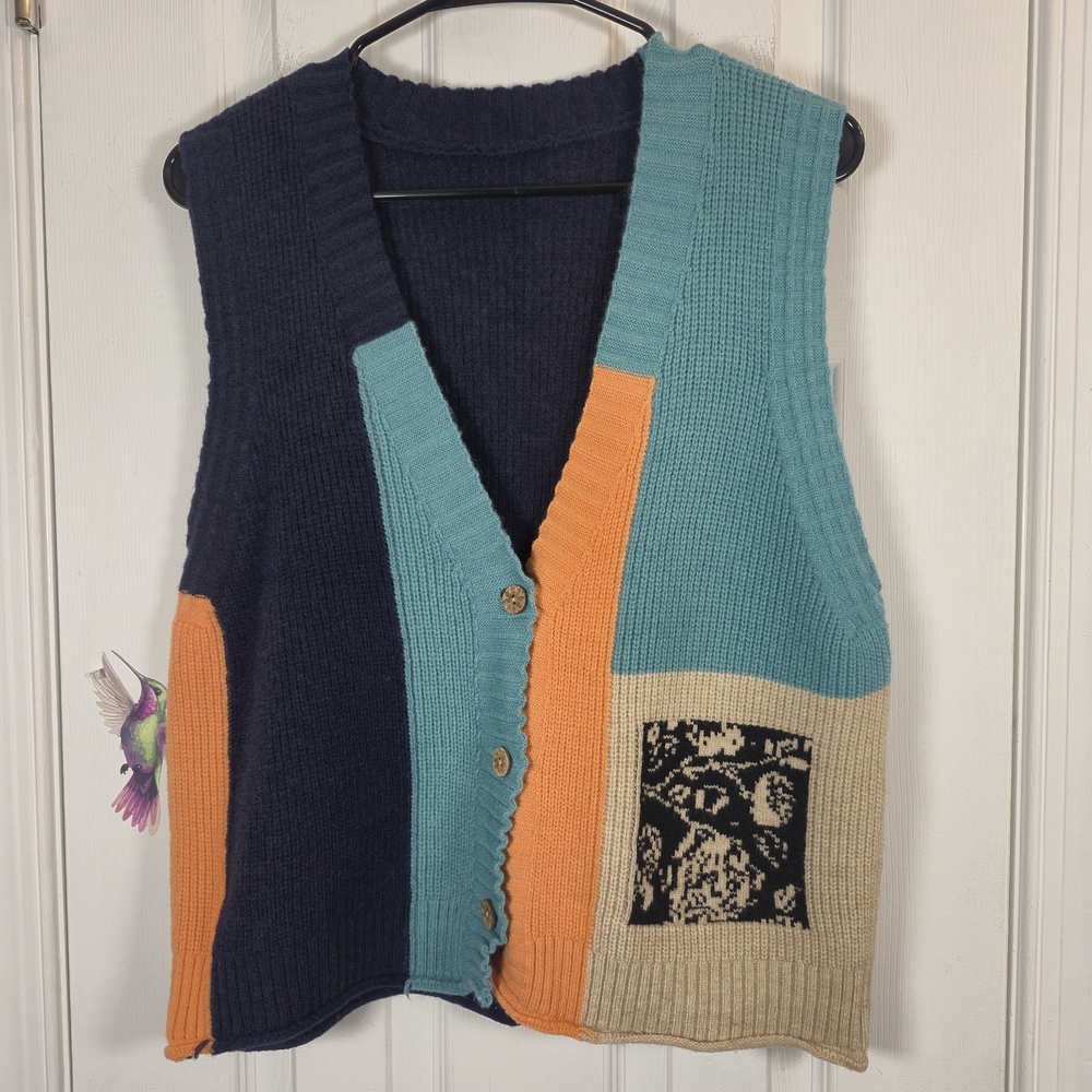 Eclectic Boho Colorblock Patchwork Knit Sweater V… - image 1